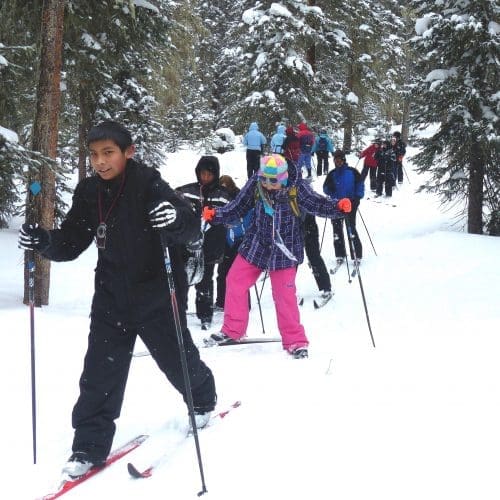 group of children are cross-country skiing through a snowy, wooded area. They are following a trail through the trees. The two children in the foreground are clearly visible: a boy on the left wearing a black snowsuit and gloves, and a girl on the right wearing a bright pink snow pant, a colorful jacket, and a ski hat. They are all wearing skis and using poles. The background shows more children skiing in a line behind them, surrounded by snow-covered trees. The overall atmosphere is a winter outdoor recreational scene.