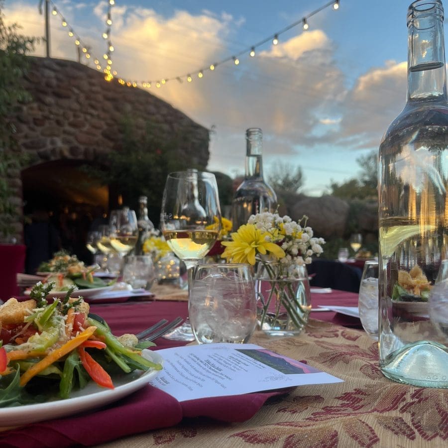 Barrel Tasting, Gourmet Food & Wine Pairing – August 1st, 2025 August 1 @ 6:30 pm - 8:30 pm | $170 wine glasses and beautifully set table scape out doors under a twilight sky