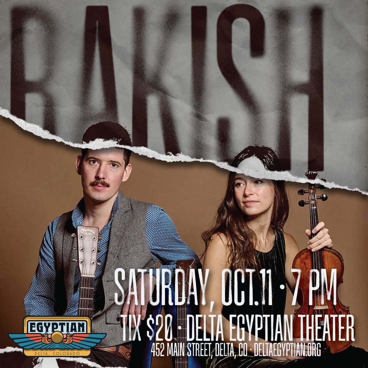 picture of man and woman with musical instruments for Rakish Duo Concert. See adjacent event text for description.