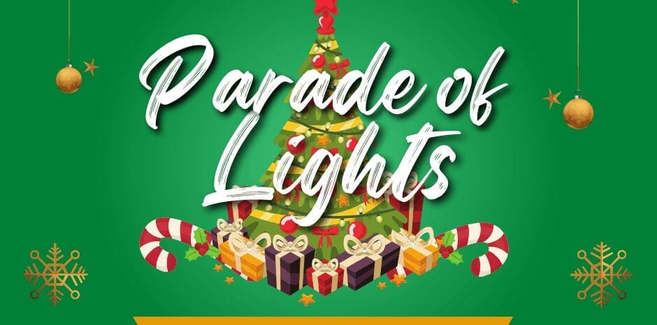 Parade of Lights flier with a Christmas Tree. Home for the Holidays. Lighted Floats from Delta's business and Community groups for your holiday enjoyment!