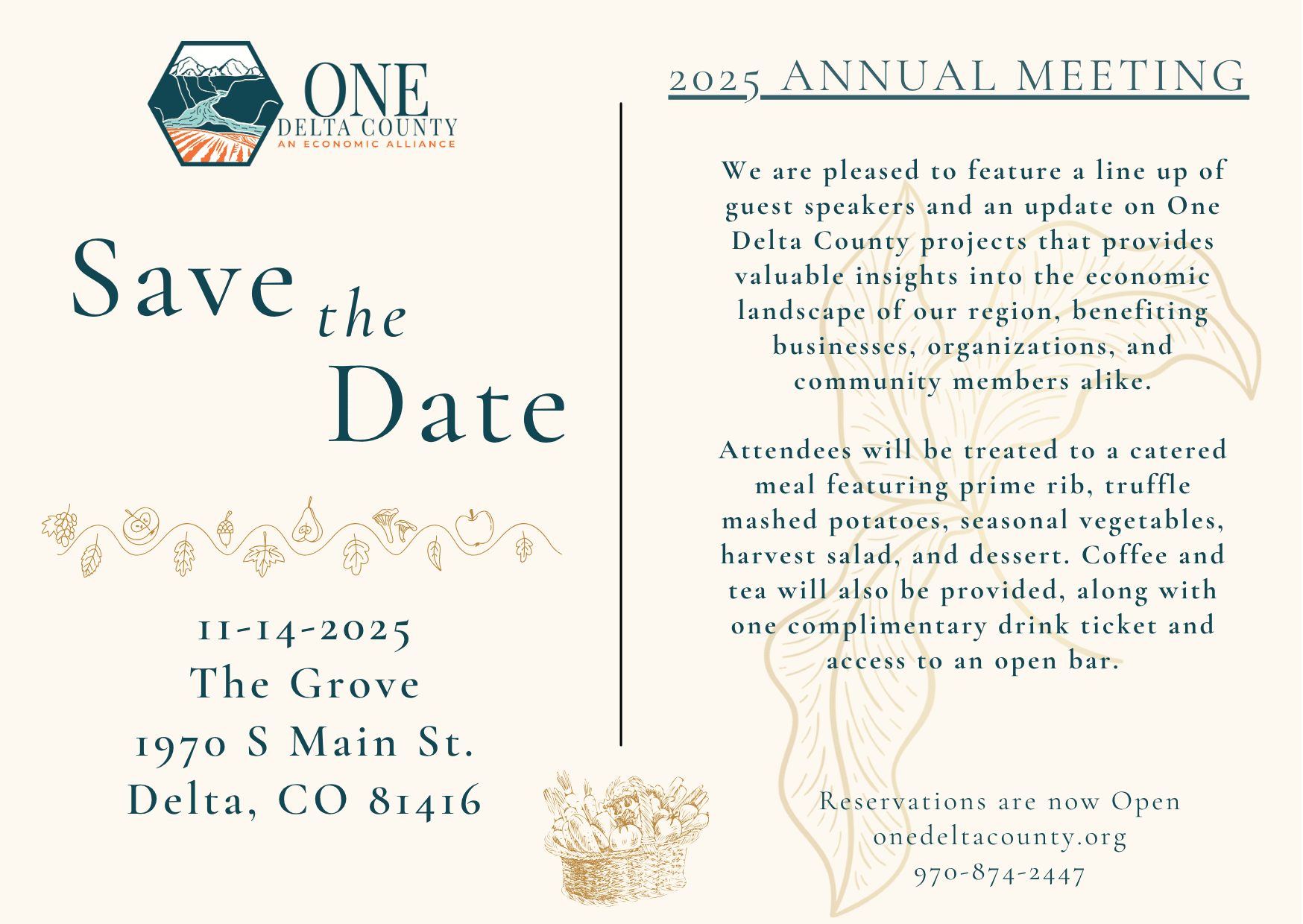 "Official flier for the One Delta County 2025 Annual Meeting. The date is November 14, 2025, at The Grove, 1970 S Main St, Delta, CO 81416. The flier mentions guest speakers, economic updates, a catered meal with prime rib, a complimentary drink, and that reservations are open at onedeltacounty.org or by calling 970-874-2447."