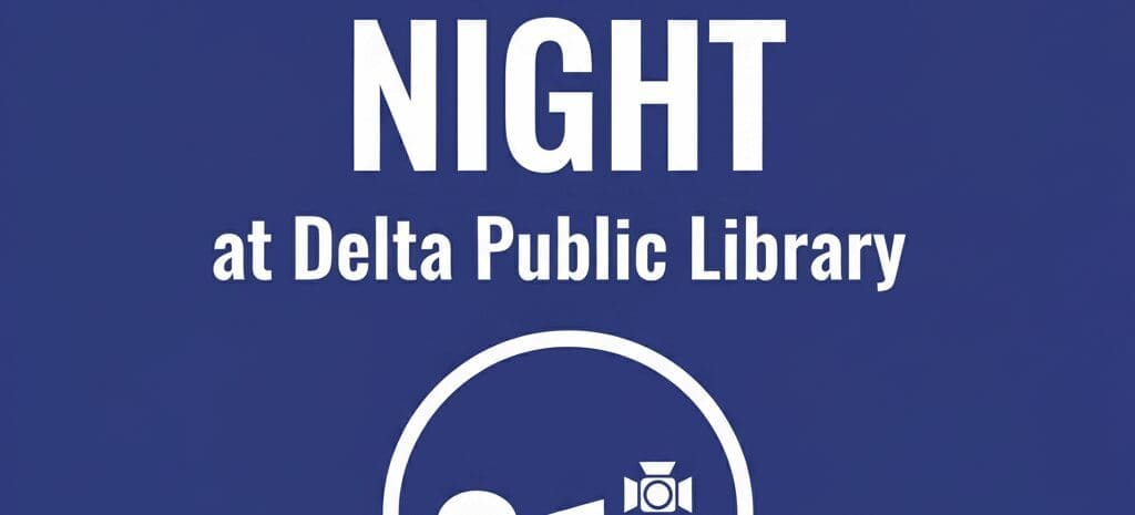 Graphic image with the text 'OPEN MIC NIGHT at Delta Public Library' over a dark blue background. The image includes icons for a speech bubble, a music note, and a spotlight, symbolizing poetry, music, and performance.