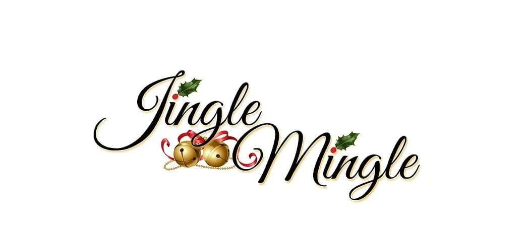Jingle Mingle event flier with holly sprigs and bells