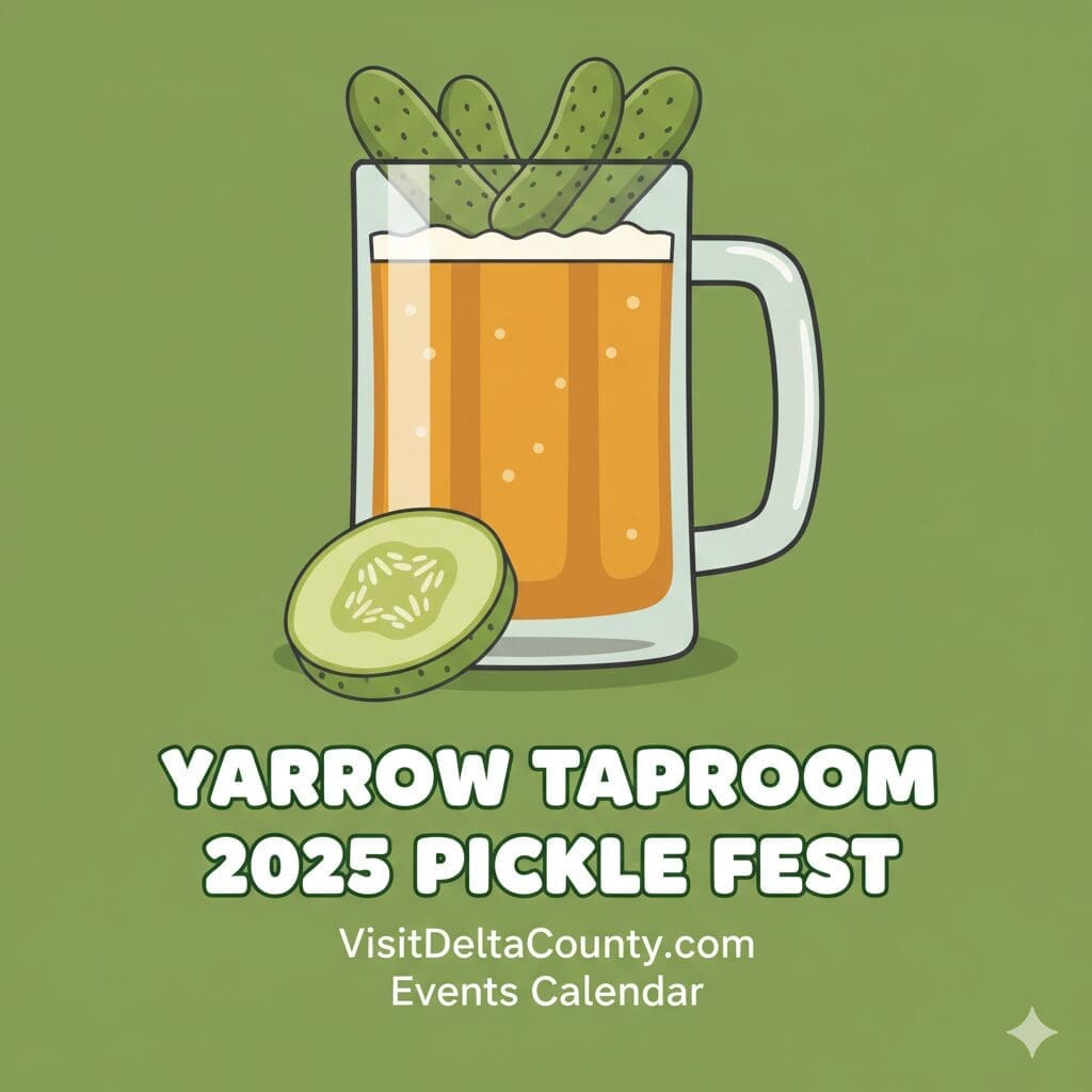 Promotional image for the Yarrow Taproom 2025 Pickle Fest. A cartoon illustration shows a glass of beer topped with whole pickles and garnished with a pickle slice. The event title is clearly displayed.