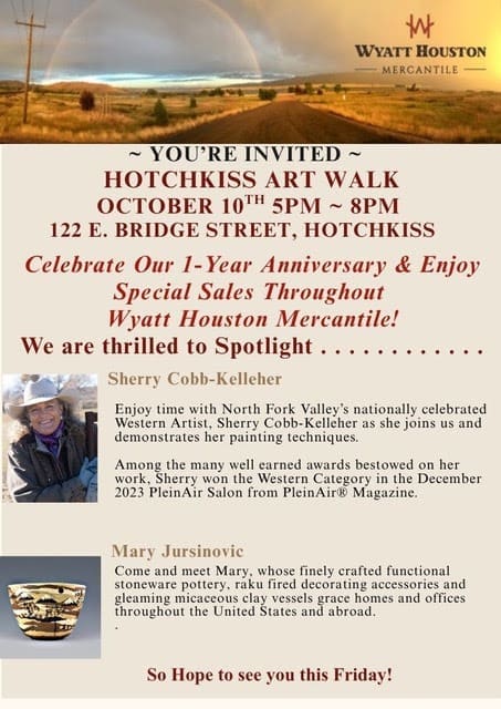 Event flier with pictures of artist Sherry Cobb- Kelleher in a cowboy hat and a small colorful clay bowl