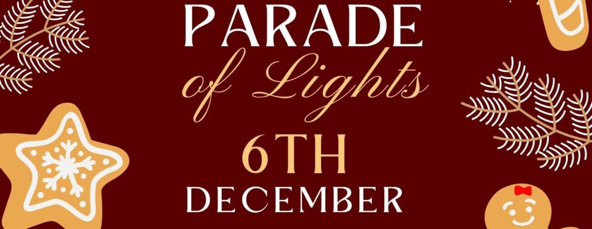 A festive, gingerbread-themed flyer for the Town of Cedaredge, Colorado's annual Parade of Lights. The background is a deep red, surrounded by illustrations of gingerbread cookies shaped like a man, woman, star, bell, candy cane, snowflake, and a snow-covered house. Key event details: The Parade of Lights takes place on West Main Street, Cedaredge on 6th December at 6:00 PM. Entry is Free. Activities include a Parade, Festive Treats, Hot Apple Cider, and a visit from Santa.