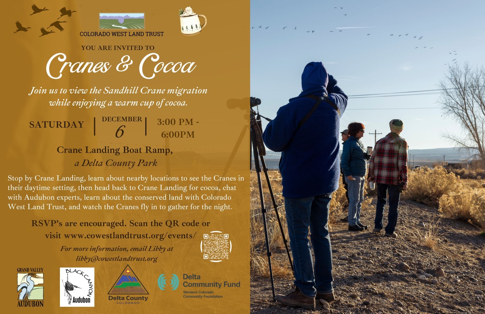 Colorado West Land Trust flier for the "Cranes & Cocoa" event. The flier is split vertically. The left side has event text: "You are invited to Cranes & Cocoa. Join us to view the Sandhill Crane migration while enjoying a warm cup of cocoa. Saturday, December 6 | 3:00 PM - 6:00 PM at the Crane Landing Boat Ramp, a Delta County Park." It provides directions to first stop at Crane Landing, then return for cocoa and evening viewing. The right side features a photograph of three people, bundled in coats and hats, standing on a dirt ridge looking out over a wide, dry landscape with scattered brush. One person is using binoculars mounted on a tripod, and all are looking toward the sky where a flock of small birds (likely cranes) is visible.