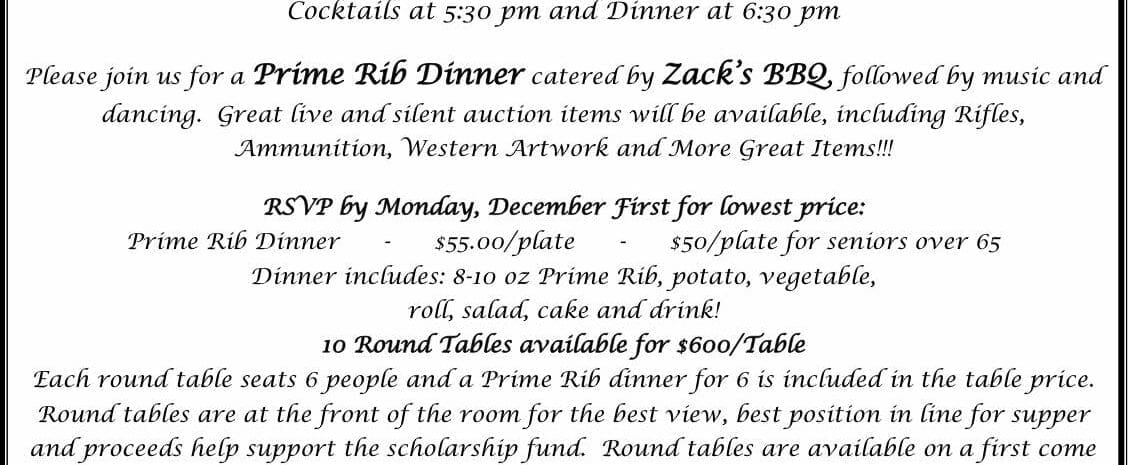 Delta County Livestock Association 2025 Annual Banquet flyer. Saturday, December 6th at the Heritage Hall on the Delta County Fairgrounds. Cocktails 5:30 pm, Dinner 6:30 pm. Prime Rib Dinner catered by Zack's BBQ, followed by music, dancing, and live/silent auction items including Rifles, Ammunition, Western Artwork. RSVP by Monday, December 1st for lowest price: Prime Rib Dinner $55/plate, $50/plate for seniors over 65. Dinner includes 8-10 oz Prime Rib, potato, vegetable, roll, salad, cake and drink. 10 Round Tables available for $600/Table. Cost at the Door on December Sixth: Prime Rib Dinner $65.00/plate. Please RSVP and send payment by December 1st to DCLA at P.O. Box 2071 Hotchkiss, CO 81419. Email questions to dclivestock1977@gmail.com. Everyone that RSVPs will be entered for door prize drawings. Don't forget to pay your annual dues: $35.00, Associate Membership Dues: $25.00. Image includes the DCLA logo and two silhouettes of riders on horseback.