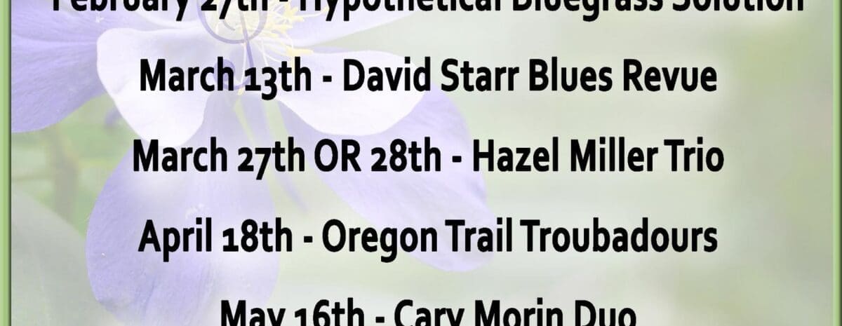 Flier for the Alpine Bank Presents: The Spring Concert Series at the Grand Mesa Arts & Events Center in Cedaredge, CO, listing the 2026 lineup from February 27th to May 30th. Season Passes are available.