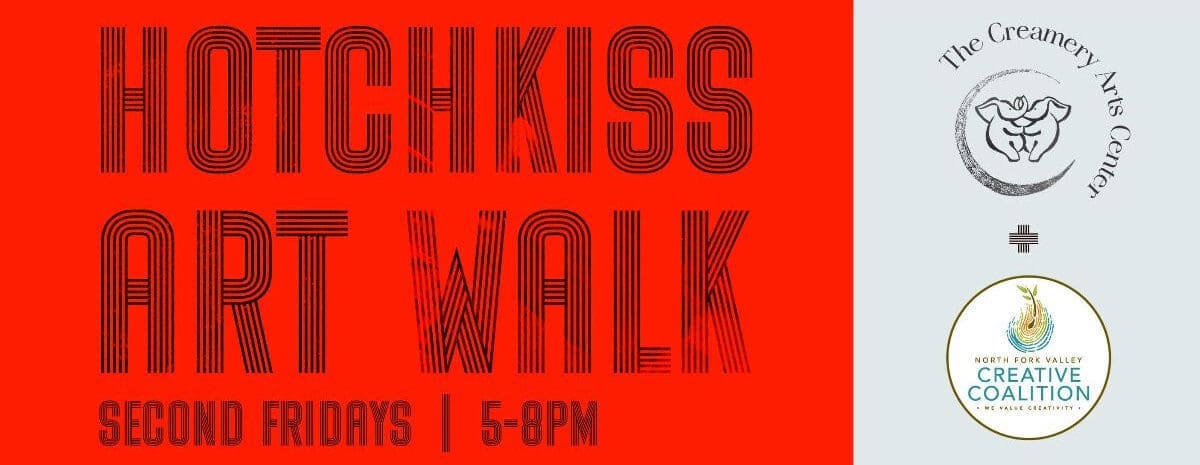 "Hotchkiss Art Walk logo with event details and partner logos."