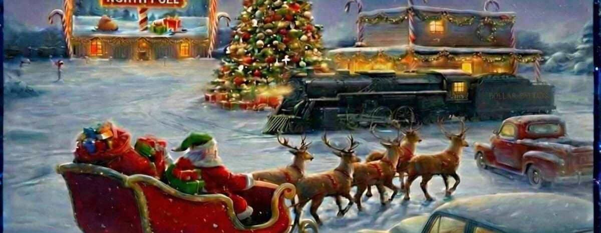 A festive, snowy holiday flier advertising a free screening of the movie "The Polar Express." The title "Lovemore Real Estate Sponsors The Polar Express" is centered at the top. The image depicts Santa Claus in a sleigh pulled by reindeer, a large decorated Christmas tree, and the Polar Express train in a snow-covered landscape near a building labeled "North Pole." Hot chocolate is donated by Ziggi's Coffee. The event takes place at the Tru Vu Drive-In on December 7th. Gates open at 4:00 PM, and the show starts at 5:30 PM. Complimentary hot cocoa and cookies are served by Delta HS JROTC. Entry is a donation to the Delta Youth Foundation. A QR code is included for more information.