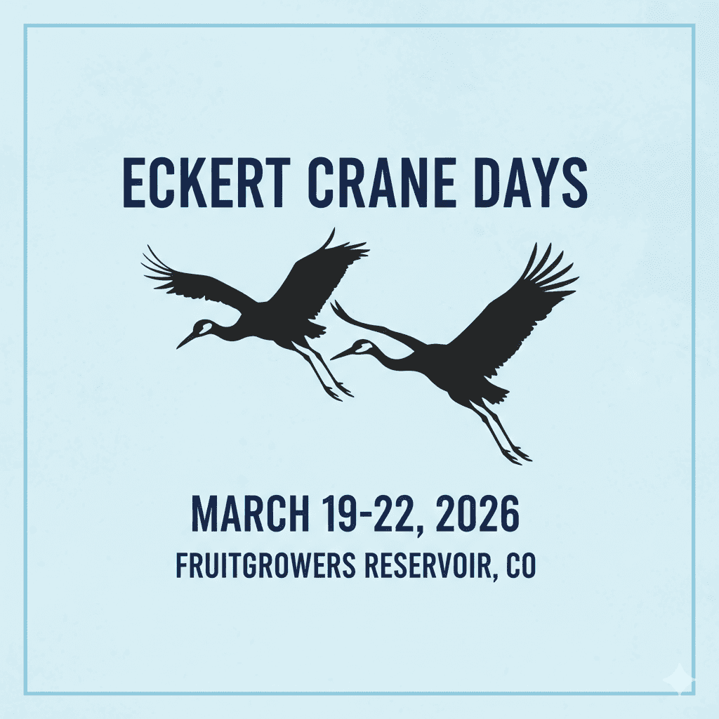 Promotional graphic for Eckert Crane Days 2026. The image features silhouettes of Sandhill Cranes in flight against a soft sunrise over Fruitgrowers Reservoir. Text clearly displays "Eckert Crane Days" and the dates "March 19 - 22, 2026."