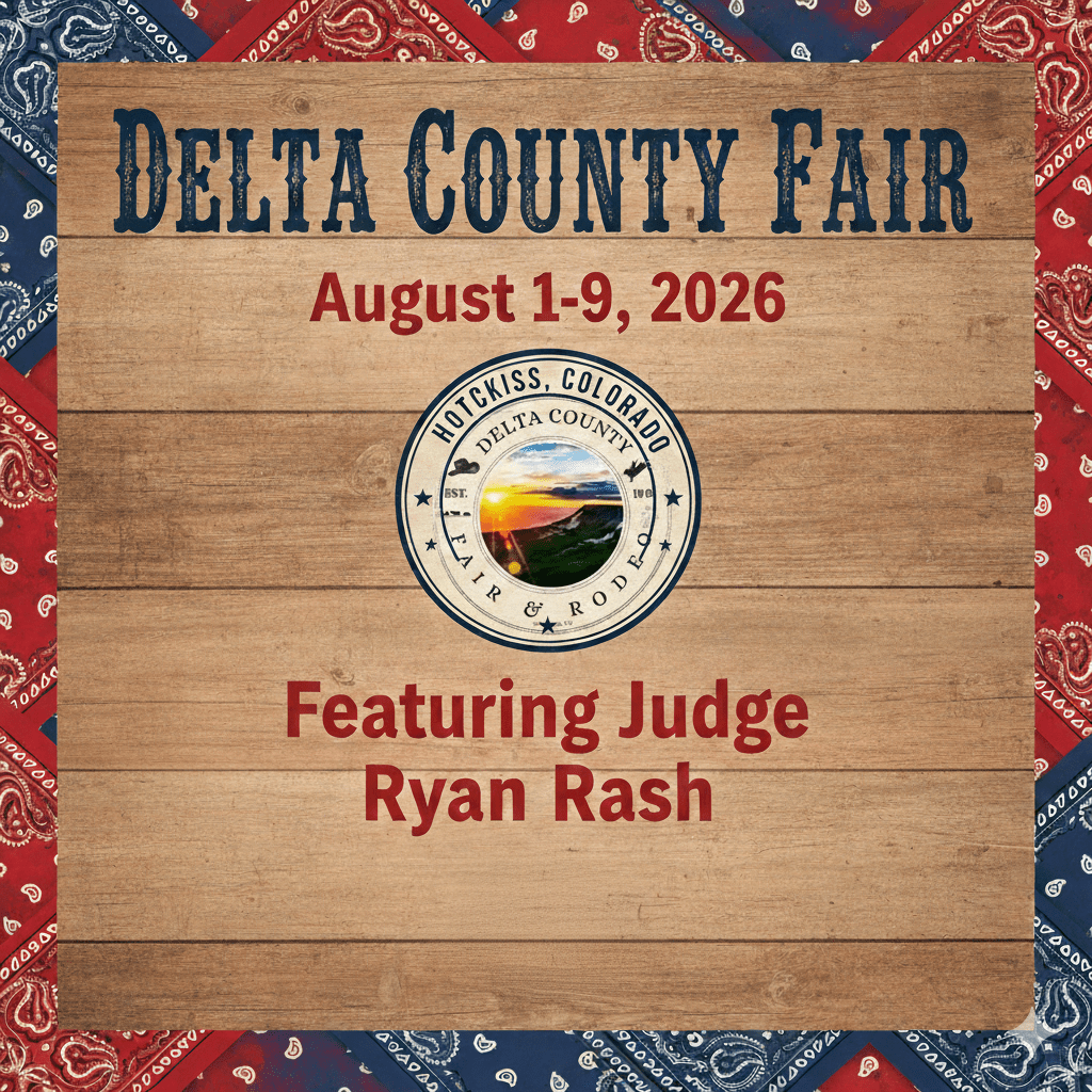 Event thumbnail for the Delta County Fair, August 1–9, 2026, featuring special guest livestock judge Ryan Rash.