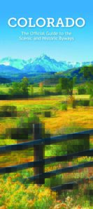 Official Guide to Colorado Scenic and Historic Byways brochure cover featuring a vibrant landscape of rolling yellow meadows in the foreground, lush green hills in the midground, and jagged, snow-capped mountain peaks under a clear blue sky in the background.