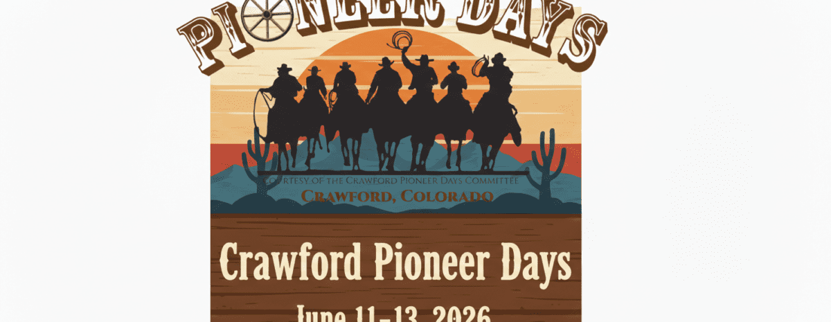 graphic thumbnali for the 47th Annual Crawford Pioneer Days June 11-13. Western sunset theme with a silhouette of cowboys riding horses, mountains and cacti