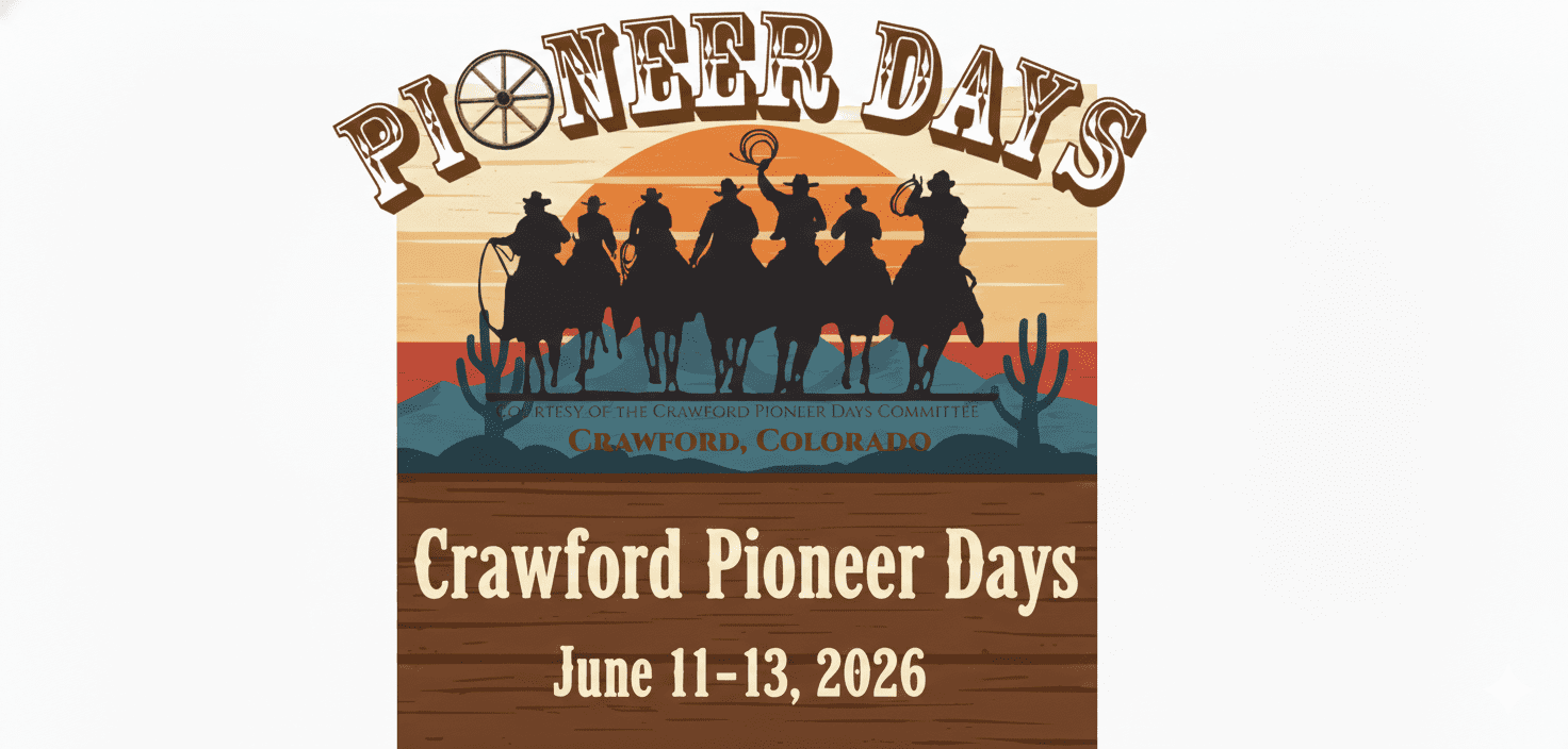 graphic thumbnali for the 47th Annual Crawford Pioneer Days June 11-13. Western sunset theme with a silhouette of cowboys riding horses, mountains and cacti