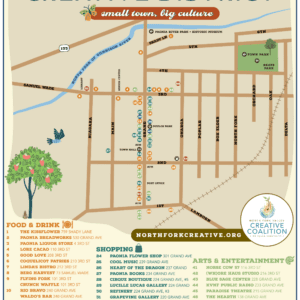 "Illustrated map of the Paonia Creative District in Colorado. The map shows a grid of downtown streets between the North Fork of the Gunnison River and the railroad tracks. Color-coded numbered pins correspond to a directory of local businesses categorized by Food & Drink, Shopping, Fitness, Arts & Entertainment, and Lodging."