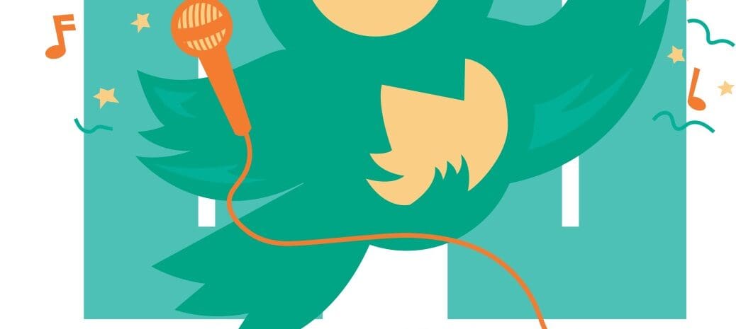 An artistic flyer for the "11th Taste of Spring" featuring a teal and orange color palette. A stylized teal bird wearing a yellow vest holds a microphone in one wing and balances a tray with a wine bottle and glass on the other. The background features the number "11" in large teal block lettering with floating musical notes and stars. Event Details: Date: April 25, 2026. Time: 4:00 PM – 7:00 PM. Location: Bill Heddles Recreation Center, Delta. Features: Food and drink vendors, live music, live and silent auctions. Beneficiary: Delta County Young Life.