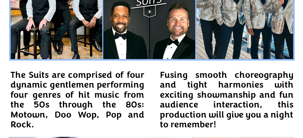A promotional flyer for "The Suits," presented by the Delta-Montrose Community Concert Association. Visuals: * Top Section: A blue patterned banner with a ticket graphic reading "Last Show of the Season 2026." * Middle Section: Three photos of the four performers: one laughing in a dressing room, a professional headshot collage labeled "The Suits," and one of the group in shimmering silver sequined jackets. * Lower Section: A close-up of a blue paisley necktie against a light-colored suit. * Text: Includes event details for Friday, April 24, 2026, at 7:00 PM at the Delta Center for Performing Arts. A QR code and contact information for Connie Pittenger are provided at the bottom.