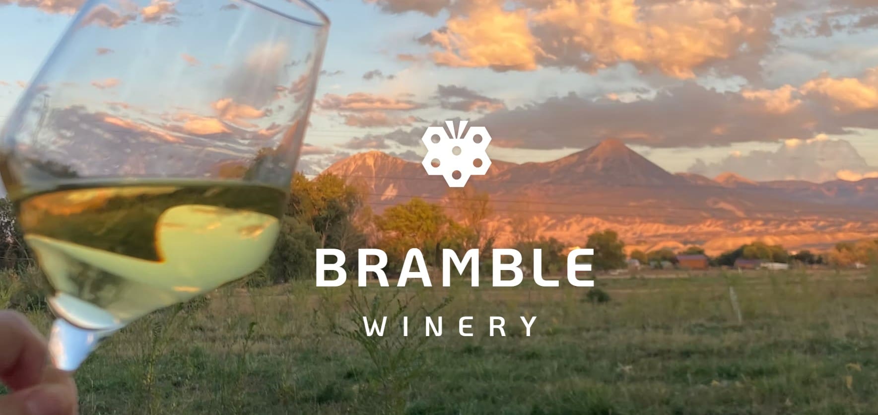 Wine Glass of White with a background of sunset and mountains and Bramble Winery Logo