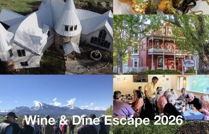 A collage of six images promoting the "Wine & Dine Escape 2026". * Top Left: An aerial view of Stone Cottage Cellars' stone-built winery with turret-style roofs. * Top Right: A close-up of gourmet appetizers, including vegetable skewers and crostini topped with jalapeños. * Middle Right: The exterior of the red-brick Bross Hotel Bed & Breakfast. * Bottom Left: A group of people standing in a vineyard looking toward snow-capped mountains. * Middle Left: Guests enjoying a formal indoor dinner with wine. * Bottom Right: A large group of people dining outdoors at long tables under the shade of trees