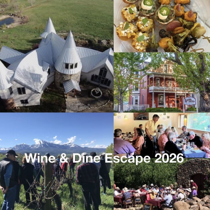 A collage of six images promoting the "Wine & Dine Escape 2026". * Top Left: An aerial view of Stone Cottage Cellars' stone-built winery with turret-style roofs. * Top Right: A close-up of gourmet appetizers, including vegetable skewers and crostini topped with jalapeños. * Middle Right: The exterior of the red-brick Bross Hotel Bed & Breakfast. * Bottom Left: A group of people standing in a vineyard looking toward snow-capped mountains. * Middle Left: Guests enjoying a formal indoor dinner with wine. * Bottom Right: A large group of people dining outdoors at long tables under the shade of trees