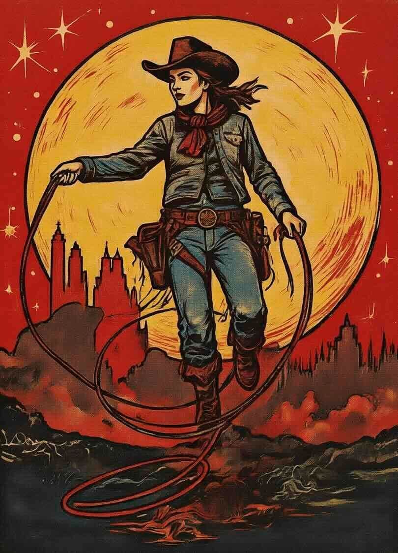 A vibrant, vintage-style graphic illustration for the "Western Heritage: Land & Legacy" exhibition. Visuals: Main Subject: A confident cowgirl stands in the center, wearing a wide-brimmed brown hat, a denim jacket, blue jeans, and a red neckerchief. She is holding a lasso that loops around her feet. Background: A massive, pale yellow full moon dominates the upper half of the image, set against a deep red sky dotted with stylized white stars. Landscape: Silhouetted in the background are jagged red rock formations and mountain peaks under a dark, textured ground. Art Style: The piece features bold black outlines and a warm, high-contrast color palette of red, gold, and denim blue, reminiscent of classic Western poster art.