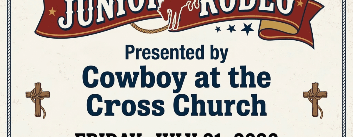 A western-style promotional graphic for the 2026 Delta County Fair Junior Rodeo. Visuals: Background: An off-white, parchment-textured background with a dark, twisted-rope border. Main Heading: "2026 DELTA COUNTY FAIR JUNIOR RODEO" in large, bold, black serif lettering. Center Illustration: A decorative red and gold ribbon banner wraps around a central silhouette of a cowboy riding a bucking horse. Religious Icons: Two small wooden crosses, each wrapped in a piece of twine, flank the central text. Event Information: Presenter: Presented by Cowboy at the Cross Church. Date: Friday, July 31, 2026. Location: Delta County Fairgrounds, Delta, Colorado.