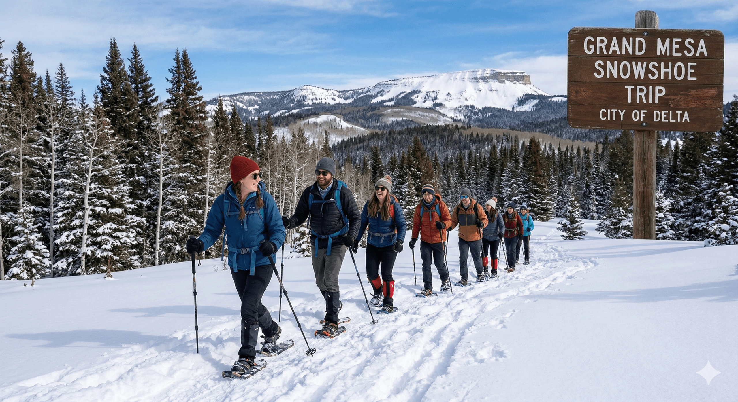 group of hikers snowshoeing in a line with a rustic sign reading Grand Mesa Snow Shoe trip City of Delta This image was generated with the help of AI