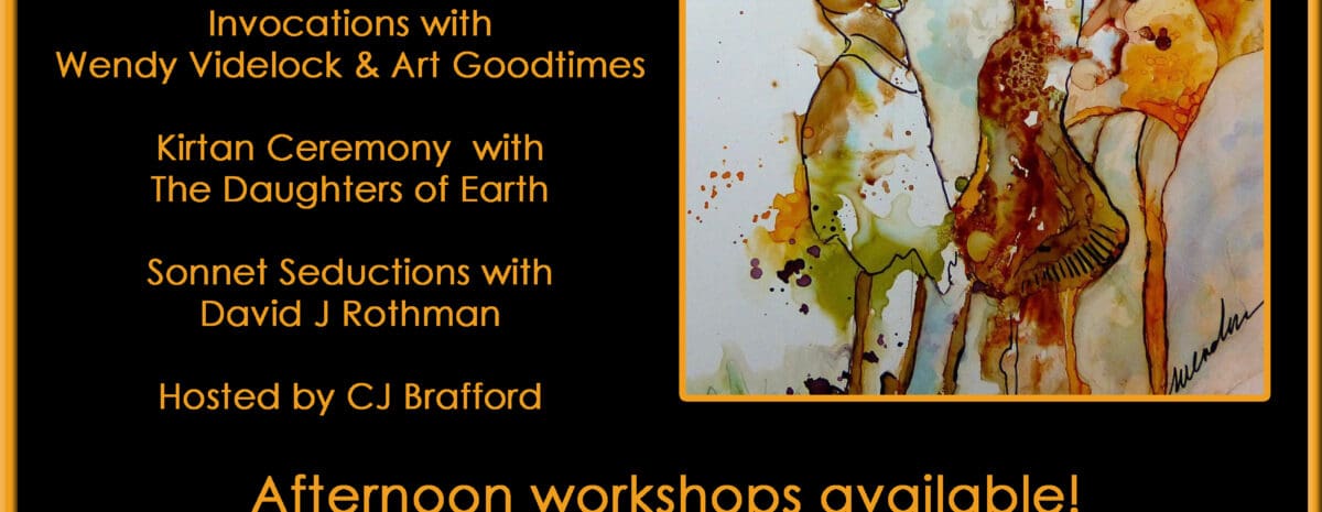 A promotional flyer for "Rhythm, Words, & Wonder," an April Fool's Variety Show at the Grand Mesa Arts & Events Center. Visuals: Main Image: A vertical rectangular artwork featuring a vibrant watercolor painting of three abstract, dancing figures in shades of amber, yellow, and green. Background: The flyer has a solid black background with gold and white text. Logos: The Grand Mesa Arts & Events Center logo is in the bottom left, and a QR code for tickets is in the bottom right. Event Details: Date: Wednesday, April 1st. Schedule: Workshops at Noon; Evening performances at 7:00 pm. Location: 195 W. Main Street, Cedaredge, CO 81413. Website: www.gmaec.org.