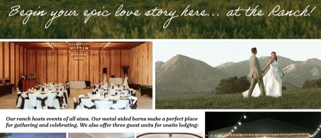 Promotional flyer for the "Open House" at The Barns at Wrich Ranches. Visuals: Background: A wide landscape photo showing the ranch's green fields in the foreground with the West Elk Mountains under a cloudy sky in the background. Main Heading: "WR - THE BARNS AT WRICH RANCHES" with the tagline "Begin your epic love story here... at the Ranch!" Inset Photos: A wedding reception setup inside a wooden barn with round tables and a chandelier. A bride and groom walking in a field with mountains behind them. Onsite lodging options: The Ranch House, Foreman's Quarters, and The Sheep Camp. An outdoor ceremony setup with white chairs facing the mountains. A close-up of a "WR" cattle brand on wood. Event Details: Date & Time: Sunday, March 29, 11 AM – 4 PM. Location: 36851 Fruitland Mesa Road, Crawford, Colorado. Contact: wrichranches.com | 970-234-4125.