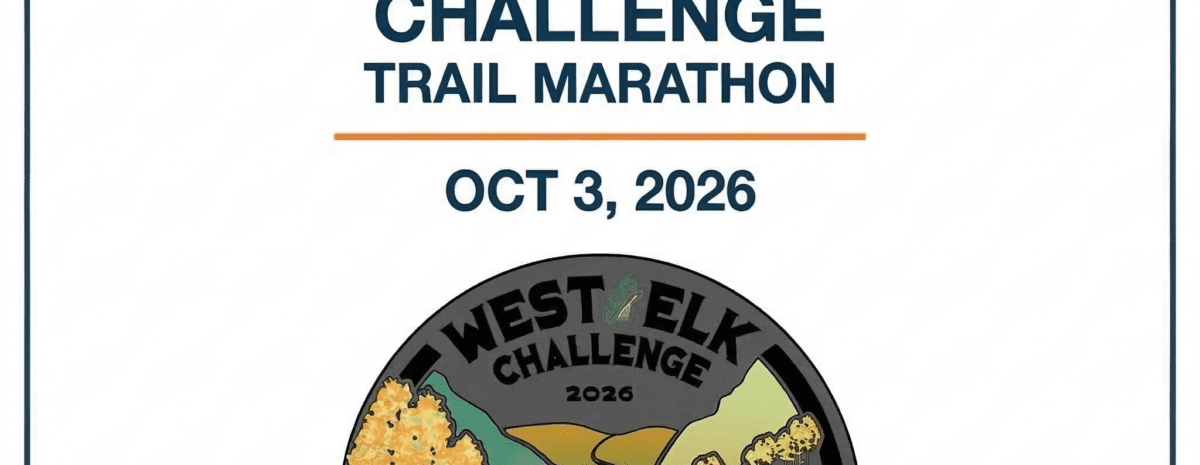 A square promotional graphic for the West Elk Challenge Trail Marathon. Visual Composition: Top Section: The words "WEST ELK CHALLENGE" are centered in a bold, dark blue sans-serif font, with "TRAIL MARATHON" directly underneath in a slightly smaller weight. A thin horizontal orange line separates the title from the date. Middle Section: The date "OCT 3, 2026" is centered in a bold, dark blue font. Bottom Section: The official circular event logo is centered below the text. The logo features a winding brown trail leading through a mountain valley filled with golden aspen trees. At the top of the circular logo, the words "WEST ELK CHALLENGE 2026" are written in a rugged, black font. Border: The entire graphic is enclosed in a thin, dark blue square frame against a clean white background.