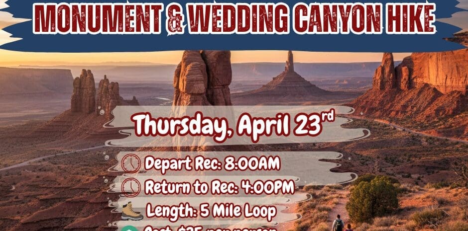 A promotional flyer for the "Monument & Wedding Canyon Hike" organized by Delta Recreation. Visual Composition: Background: A wide-angle sunset view of the Colorado National Monument, featuring red rock towers and deep canyons under a warm orange and purple sky. Foreground: Two hikers with backpacks are seen walking down a dirt trail in the lower right corner. Information: Large white and red text at the top reads "MONUMENT & WEDDING CANYON HIKE". A translucent grey box in the center lists the date as Thursday, April 23rd, with icons for departure time (8:00 AM), return time (4:00 PM), length (5 Mile Loop), and cost ($35 per person). Logos: The Delta Recreation and City of Delta logos are in the bottom right corner, with contact information for Robin@cityofdelta.net at the bottom.