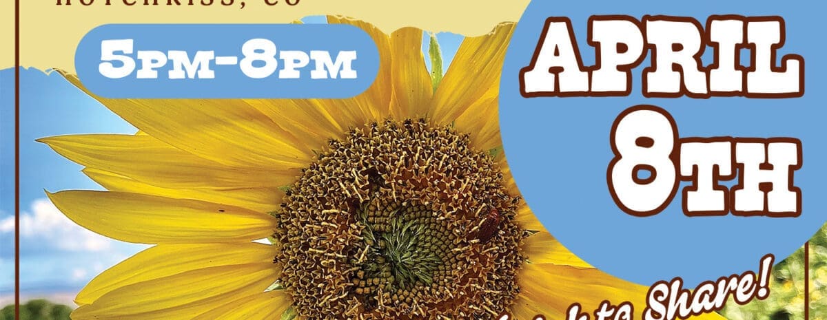 A cheerful promotional flyer for the "Valley Organic Growers Association Presents: Farmers Social." Visual Composition: Background: A bright yellow backdrop with a large, vibrant sunflower in the center. Behind the sunflower is a faint image of a green farm field under a blue sky. Typography: The title "FARMERS SOCIAL" is written in large, bold green block letters. "APRIL 8th" is featured prominently inside a large blue circle on the right side. Details: Text notes the event is at Cobblestone Farm in Hotchkiss from 5 PM to 8 PM. A cursive script reads, "Please Bring a Dish or Drink to Share!" Footer: Lists the event as a potluck gathering for farmers and families. Logos for VOGA and Cobblestone Farm are in the bottom right corner next to a QR code.